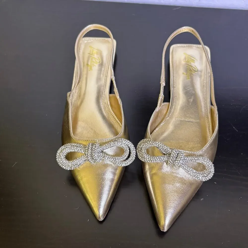 Lilly Pulitzer Brit Gold Leather Slingback Dressy Summer Event Bling Bow Size 9 - Picture 3 of 15